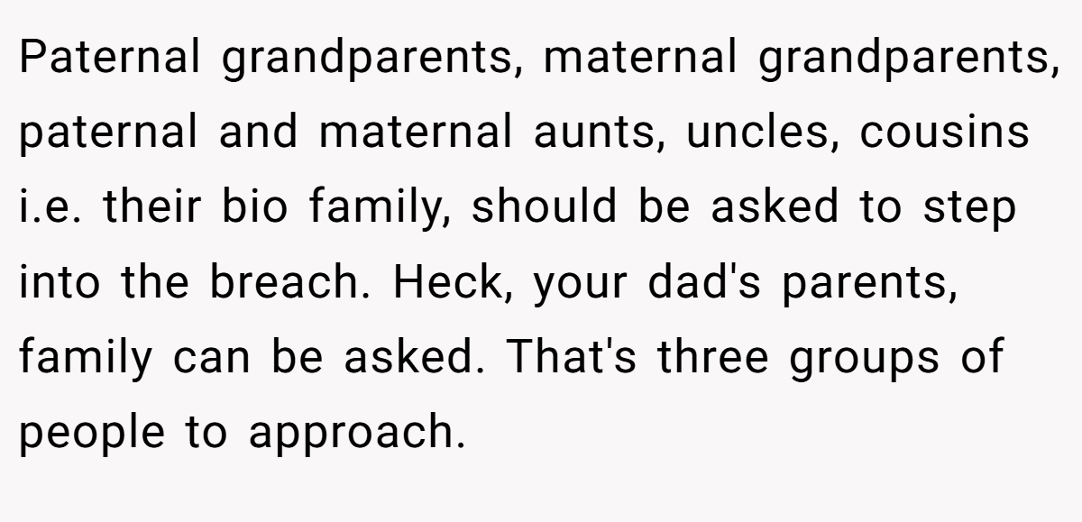 Paternal grandparents, maternal grandparents, paternal and maternal aunts, uncles, cousins i.e. their bio family, should be asked to step into the breach. Heck, your dad's parents, family can be asked. That's three groups of people to approach.