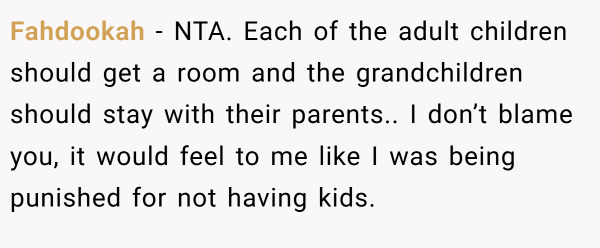 Fahdookah − NTA. Each of the adult children should get a room and the grandchildren should stay with their parents.. I don’t blame you, it would feel to me like I was being punished for not having kids.
