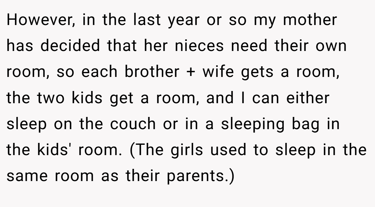 However, in the last year or so my mother has decided that her nieces need their own room, so each brother + wife gets a room, the two kids get a room, and I can either sleep on the couch or in a sleeping bag in the kids' room. (The girls used to sleep in the same room as their parents.)