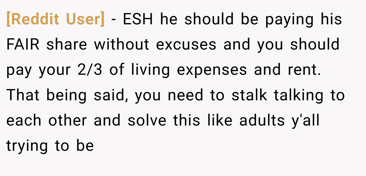 [Reddit User] - ESH he should be paying his FAIR share without excuses and you should pay your 2/3 of living expenses and rent. That being said, you need to stalk talking to each other and solve this like adults y'all trying to be