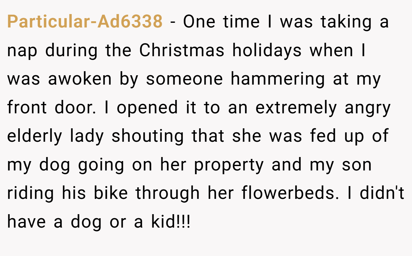Particular-Ad6338 - One time I was taking a nap during the Christmas holidays when I was awoken by someone hammering at my front door. I opened it to an extremely angry elderly lady shouting that she was fed up of my dog going on her property and my son riding his bike through her flowerbeds. I didn't have a dog or a kid!!!