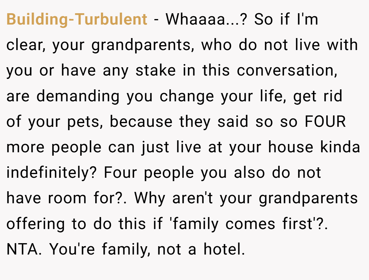 Building-Turbulent − Whaaaa...? So if I'm clear, your grandparents, who do not live with you or have any stake in this conversation,  are demanding you change your life, get rid of your pets, because they said so so FOUR more people can just live at your house kinda indefinitely? Four people you also do not have room for?. Why aren't your grandparents offering to do this if 'family comes first'?. NTA. You're family, not a hotel.