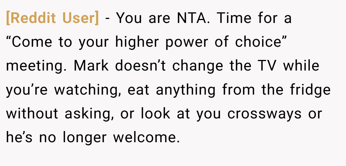 [Reddit User] − You are NTA. Time for a “Come to your higher power of choice” meeting. Mark doesn’t change the TV while you’re watching, eat anything from the fridge without asking, or look at you crossways or he’s no longer welcome.