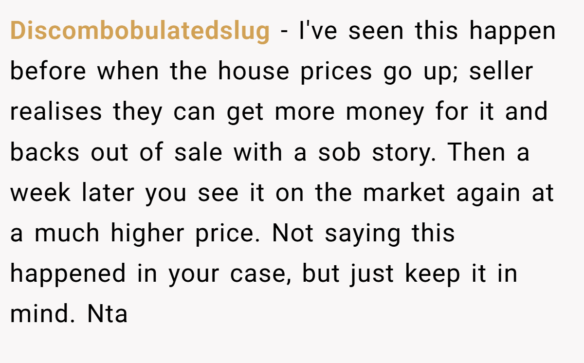 Discombobulatedslug − I've seen this happen before when the house prices go up; seller realises they can get more money for it and backs out of sale with a sob story. Then a week later you see it on the market again at a much higher price. Not saying this happened in your case, but just keep it in mind. Nta