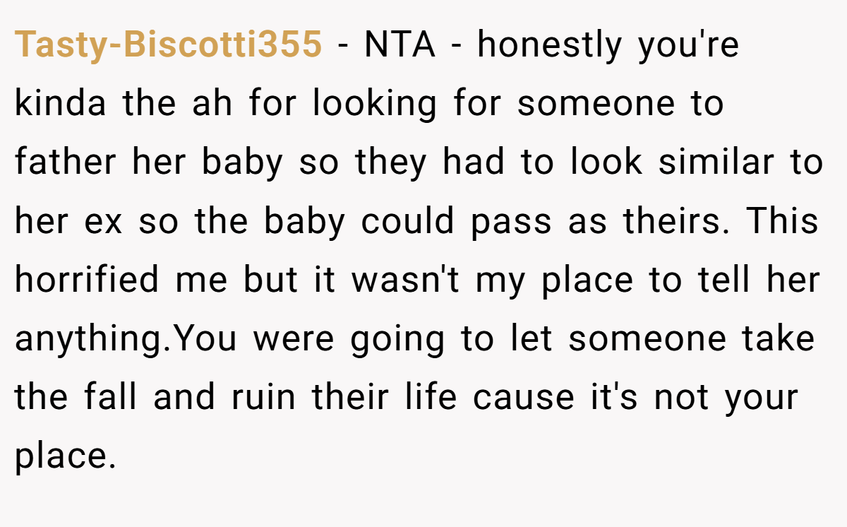 Tasty-Biscotti355 − NTA - honestly you're kinda the ah for looking for someone to father her baby so they had to look similar to her ex so the baby could pass as theirs. This horrified me but it wasn't my place to tell her anything.You were going to let someone take the fall and ruin their life cause it's not your place.