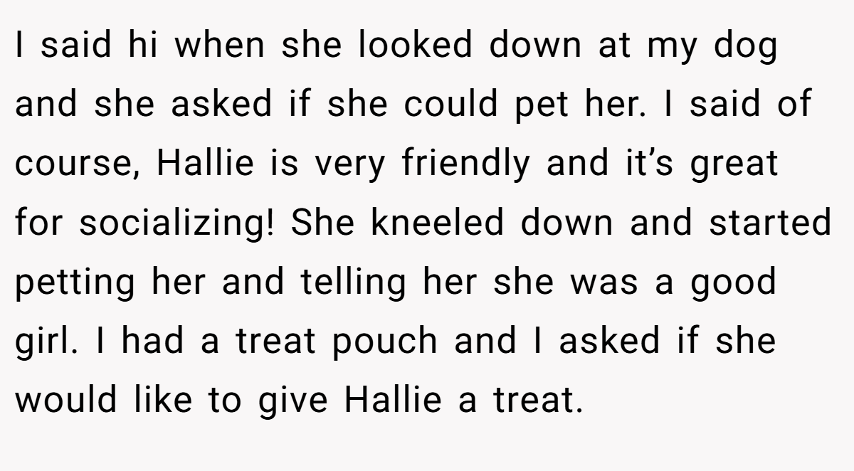I said hi when she looked down at my dog and she asked if she could pet her. I said of course, Hallie is very friendly and it’s great for socializing! She kneeled down and started petting her and telling her she was a good girl. I had a treat pouch and I asked if she would like to give Hallie a treat.