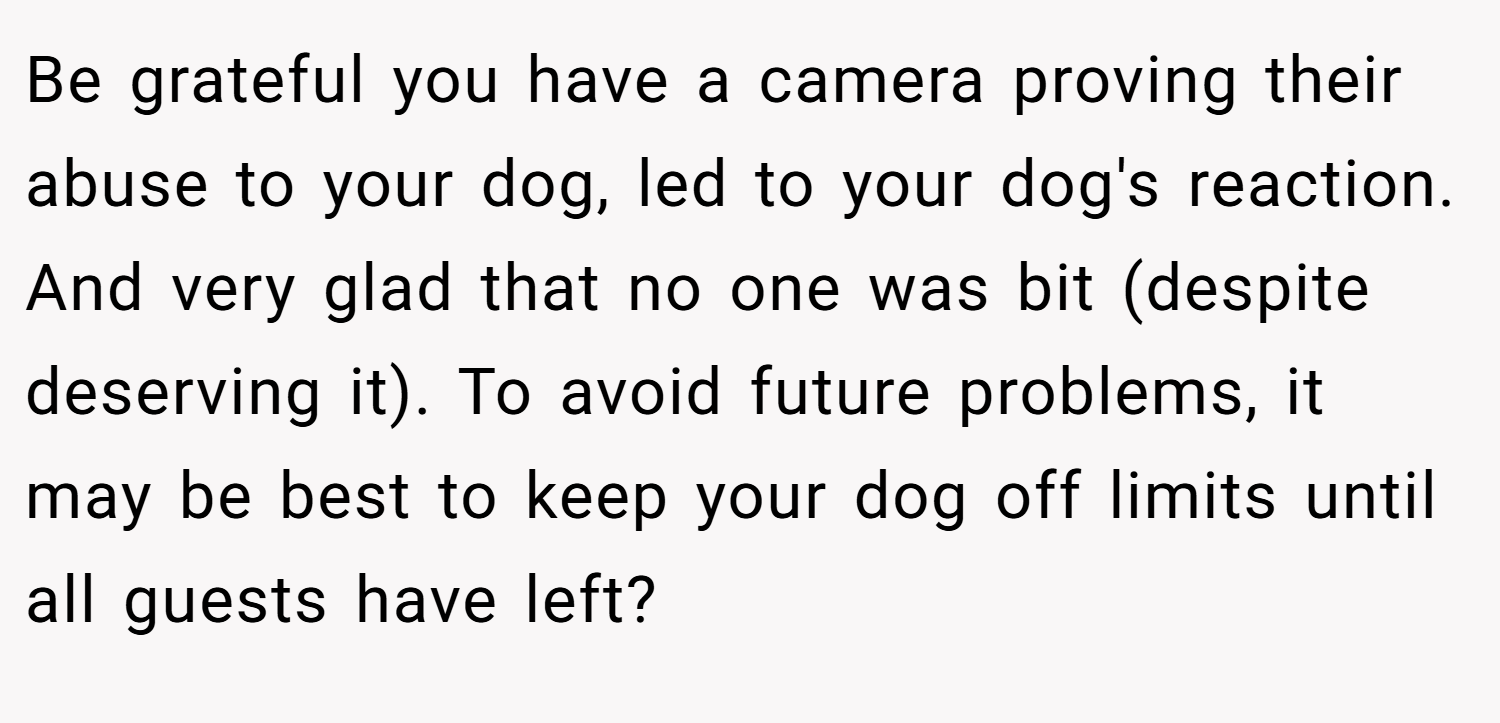 Be grateful you have a camera proving their abuse to your dog, led to your dog's reaction. And very glad that no one was bit (despite deserving it). To avoid future problems, it may be best to keep your dog off limits until all guests have left?