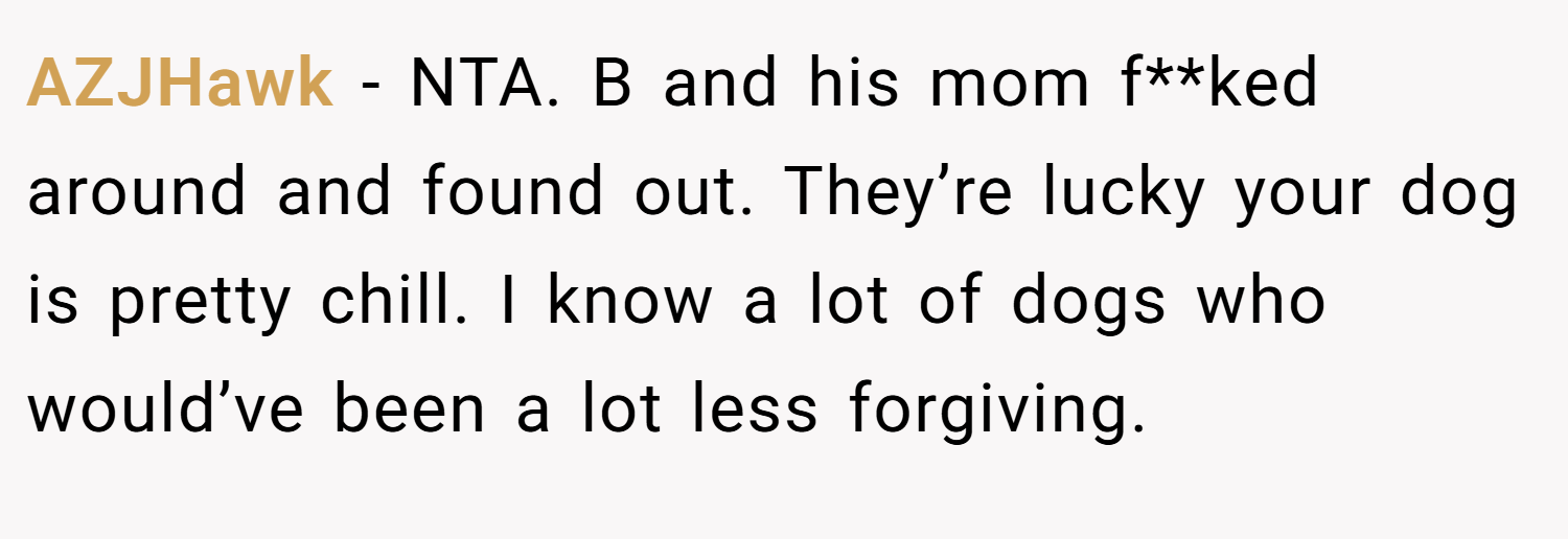 AZJHawk − NTA. B and his mom f**ked around and found out. They’re lucky your dog is pretty chill. I know a lot of dogs who would’ve been a lot less forgiving.