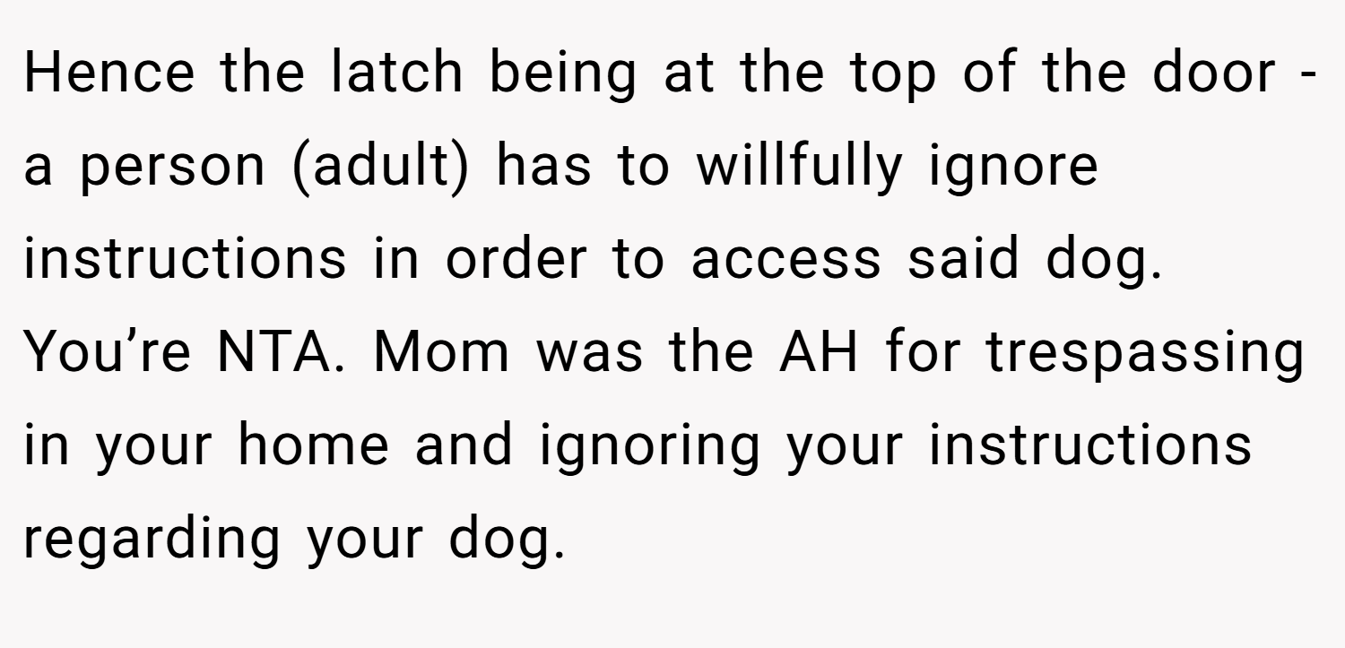 Hence the latch being at the top of the door - a person (adult) has to willfully ignore instructions in order to access said dog. You’re NTA. Mom was the AH for trespassing in your home and ignoring your instructions regarding your dog.