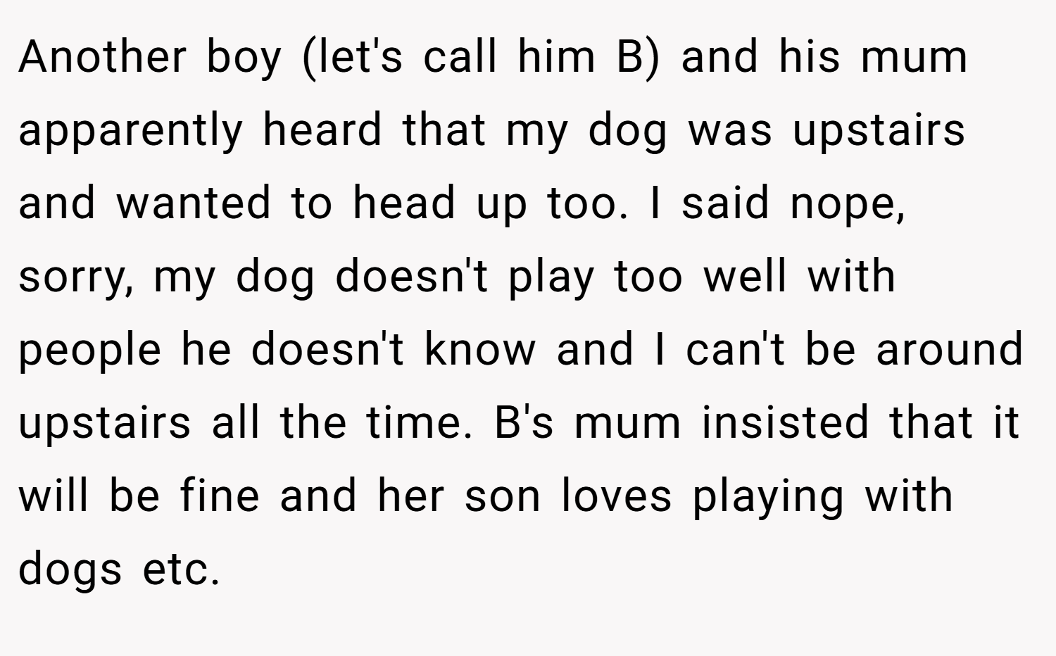 Another boy (let's call him B) and his mum apparently heard that my dog was upstairs and wanted to head up too. I said nope, sorry, my dog doesn't play too well with people he doesn't know and I can't be around upstairs all the time. B's mum insisted that it will be fine and her son loves playing with dogs etc.