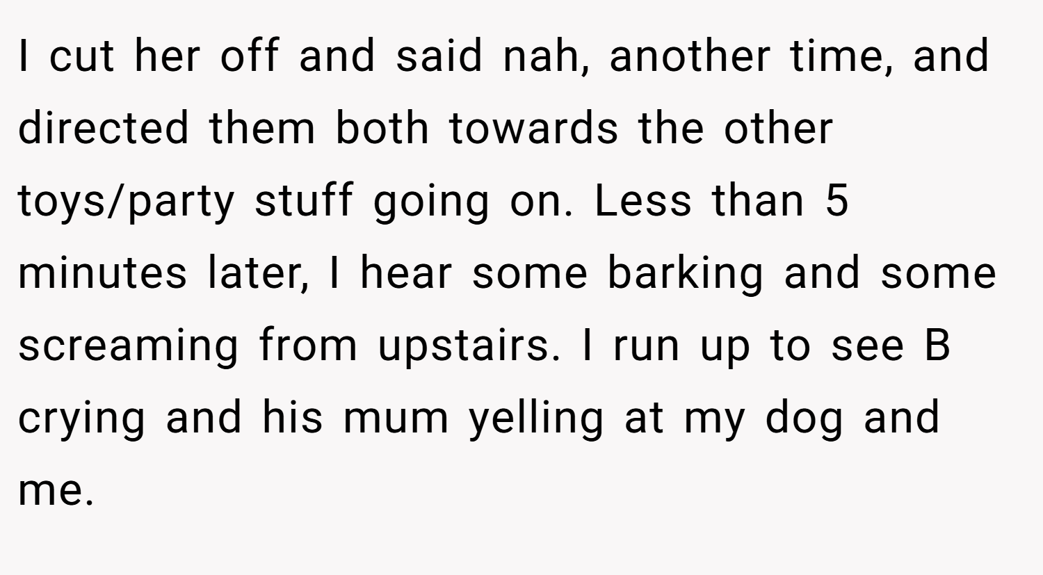 I cut her off and said nah, another time, and directed them both towards the other toys/party stuff going on. Less than 5 minutes later, I hear some barking and some screaming from upstairs. I run up to see B crying and his mum yelling at my dog and me.