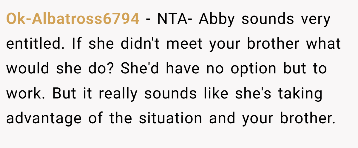 Ok-Albatross6794 - NTA- Abby sounds very entitled. If she didn't meet your brother what would she do? She'd have no option but to work. But it really sounds like she's taking advantage of the situation and your brother.