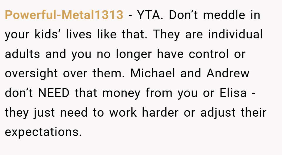 Powerful-Metal1313 − YTA. Don’t meddle in your kids’ lives like that. They are individual adults and you no longer have control or oversight over them. Michael and Andrew don’t NEED that money from you or Elisa - they just need to work harder or adjust their expectations.