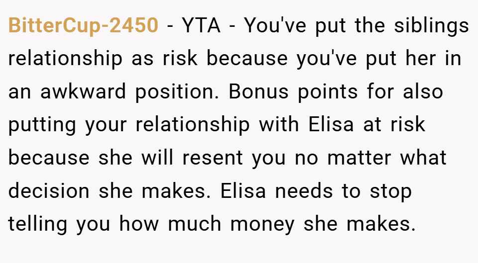 BitterCup-2450 − YTA - You've put the siblings relationship as risk because you've put her in an awkward position. Bonus points for also putting your relationship with Elisa at risk because she will resent you no matter what decision she makes. Elisa needs to stop telling you how much money she makes.