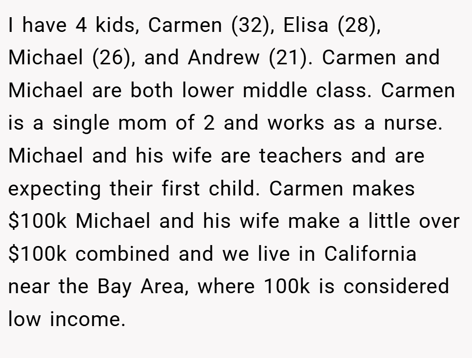 I have 4 kids, Carmen (32), Elisa (28), Michael (26), and Andrew (21). Carmen and Michael are both lower middle class. Carmen is a single mom of 2 and works as a nurse. Michael and his wife are teachers and are expecting their first child. Carmen makes $100k Michael and his wife make a little over $100k combined and we live in California near the Bay Area, where 100k is considered low income.