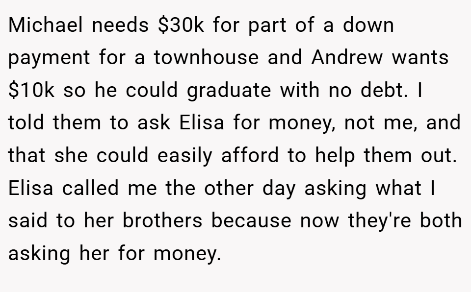 Michael needs $30k for part of a down payment for a townhouse and Andrew wants $10k so he could graduate with no debt. I told them to ask Elisa for money, not me, and that she could easily afford to help them out. Elisa called me the other day asking what I said to her brothers because now they're both asking her for money.
