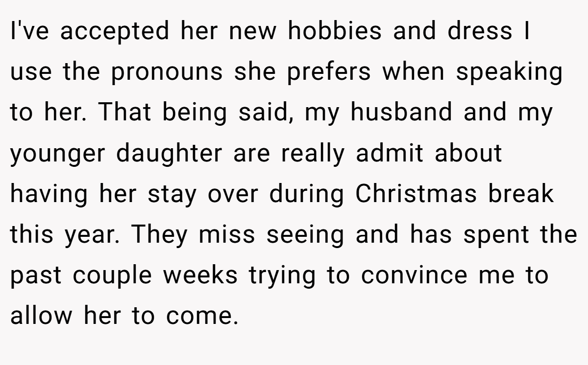 I've accepted her new hobbies and dress I use the pronouns she prefers when speaking to her. That being said, my husband and my younger daughter are really admit about having her stay over during Christmas break this year. They miss seeing and has spent the past couple weeks trying to convince me to allow her to come.