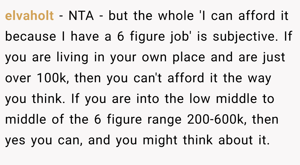 elvaholt - NTA - but the whole 'I can afford it because I have a 6 figure job' is subjective. If you are living in your own place and are just over 100k, then you can't afford it the way you think. If you are into the low middle to middle of the 6 figure range 200-600k, then yes you can, and you might think about it.
