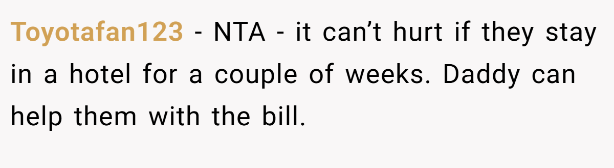 Toyotafan123 - NTA - it can’t hurt if they stay in a hotel for a couple of weeks. Daddy can help them with the bill.