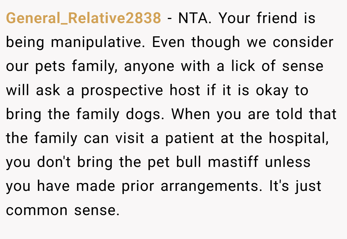 General_Relative2838 − NTA. Your friend is being manipulative. Even though we consider our pets family, anyone with a lick of sense will ask a prospective host if it is okay to bring the family dogs. When you are told that the family can visit a patient at the hospital, you don't bring the pet bull mastiff unless you have made prior arrangements. It's just common sense.