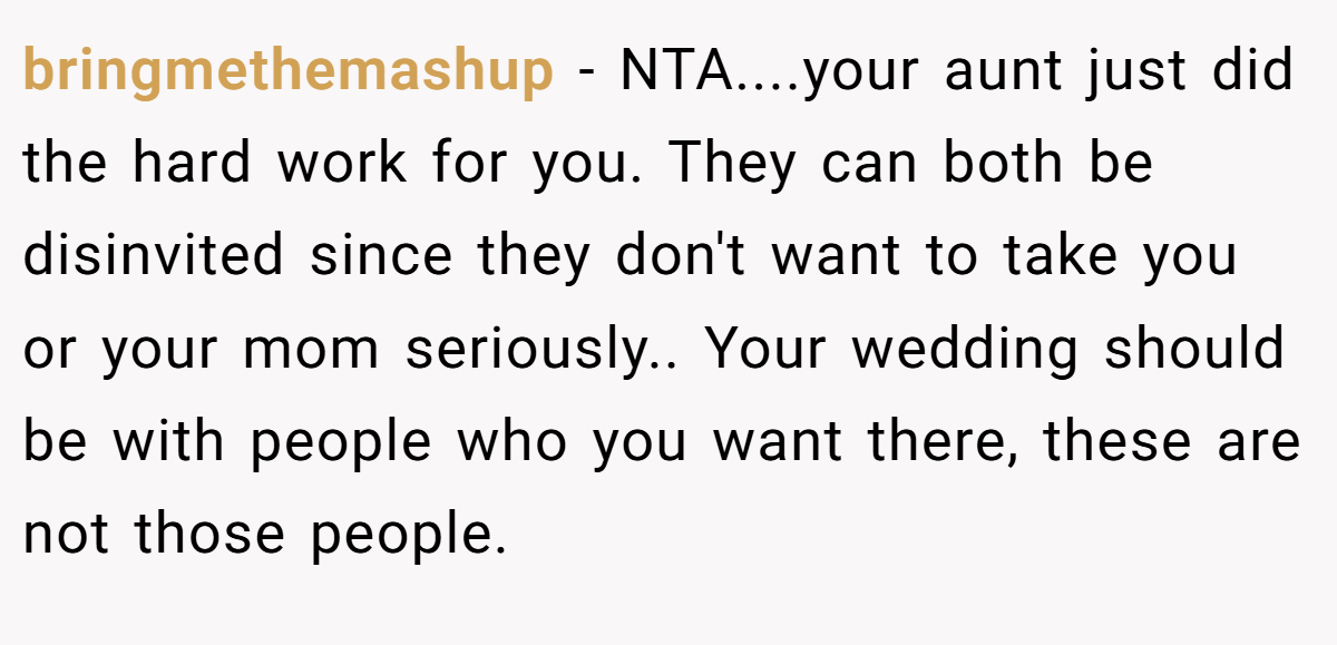 bringmethemashup - NTA....your aunt just did the hard work for you. They can both be disinvited since they don't want to take you or your mom seriously.. Your wedding should be with people who you want there, these are not those people.