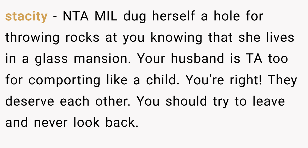 stacity − NTA MIL dug herself a hole for throwing rocks at you knowing that she lives in a glass mansion. Your husband is TA too for comporting like a child. You’re right! They deserve each other. You should try to leave and never look back.