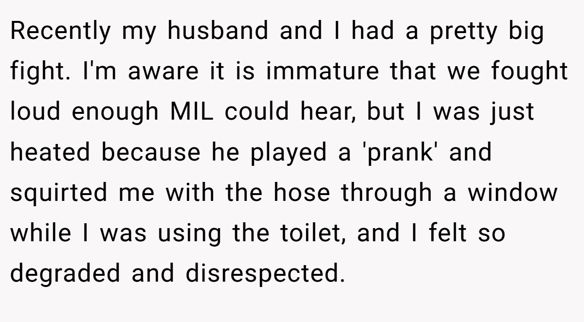 Recently my husband and I had a pretty big fight. I'm aware it is immature that we fought loud enough MIL could hear, but I was just heated because he played a 'prank' and squirted me with the hose through a window while I was using the toilet, and I felt so degraded and disrespected.