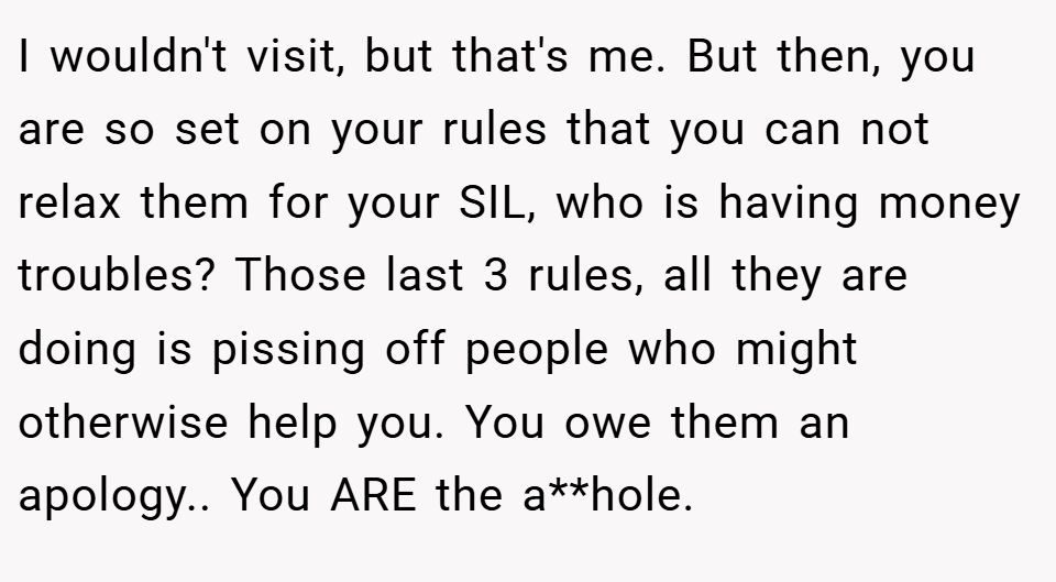 I wouldn't visit, but that's me. But then, you are so set on your rules that you can not relax them for your SIL, who is having money troubles? Those last 3 rules, all they are doing is pissing off people who might otherwise help you. You owe them an apology.. You ARE the a**hole.