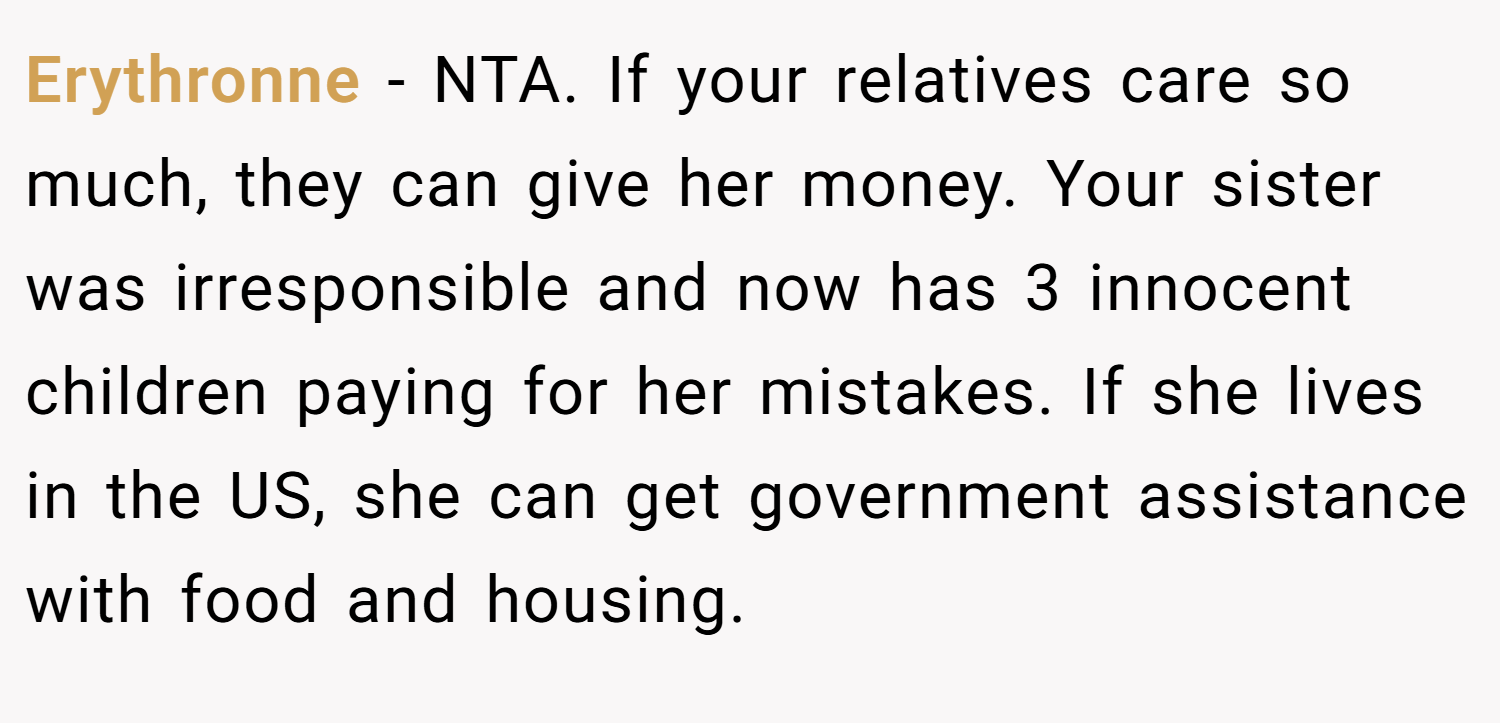 Erythronne − NTA. If your relatives care so much, they can give her money. Your sister was irresponsible and now has 3 innocent children paying for her mistakes. If she lives in the US, she can get government assistance with food and housing.
