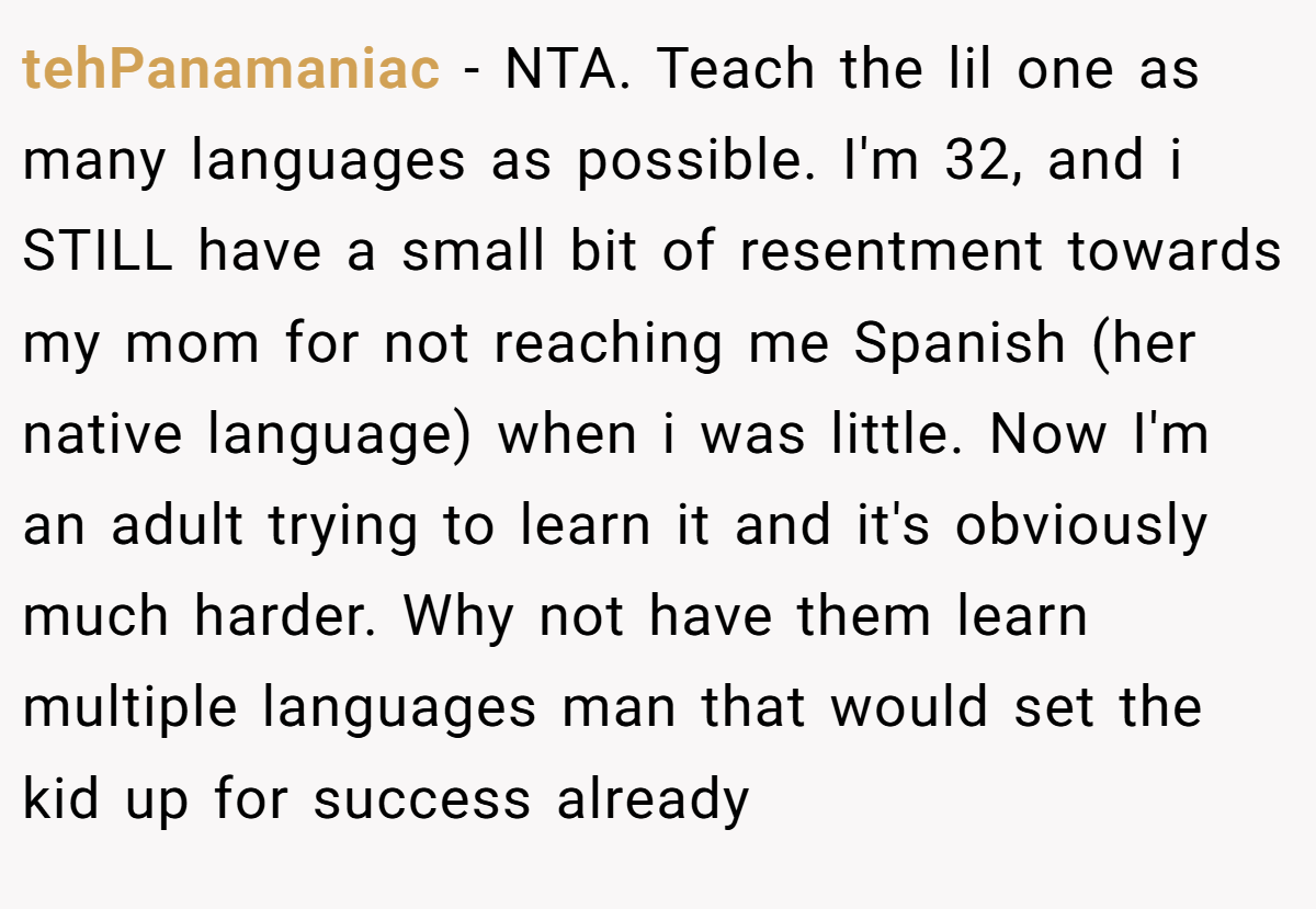 tehPanamaniac - NTA. Teach the lil one as many languages as possible. I'm 32, and i STILL have a small bit of resentment towards my mom for not reaching me Spanish (her native language) when i was little. Now I'm an adult trying to learn it and it's obviously much harder. Why not have them learn multiple languages man that would set the kid up for success already