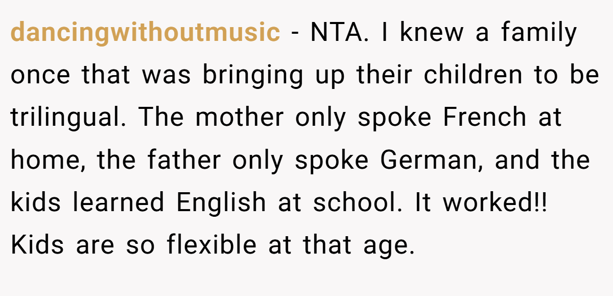 dancingwithoutmusic - NTA. I knew a family once that was bringing up their children to be trilingual. The mother only spoke French at home, the father only spoke German, and the kids learned English at school. It worked!! Kids are so flexible at that age.