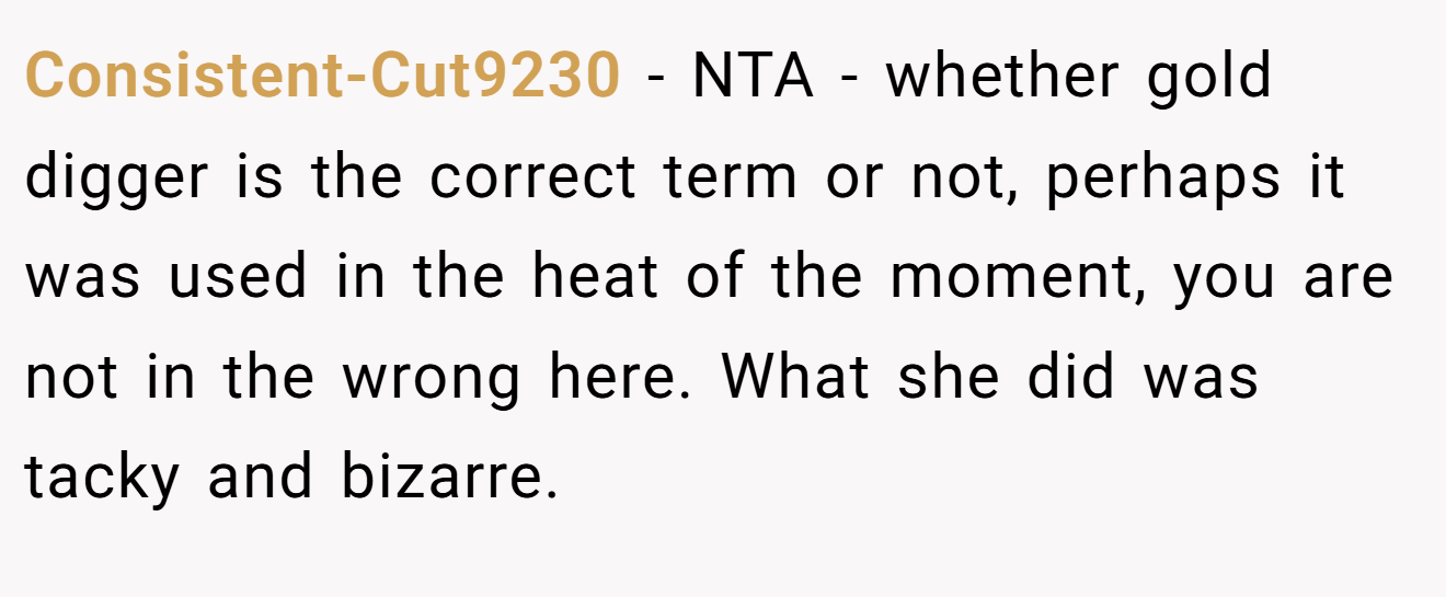 Consistent-Cut9230 - NTA - whether gold digger is the correct term or not, perhaps it was used in the heat of the moment, you are not in the wrong here. What she did was tacky and bizarre.