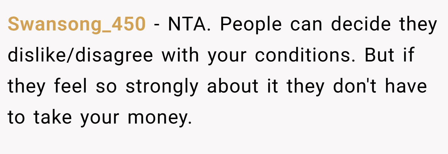 Swansong_450 − NTA. People can decide they dislike/disagree with your conditions. But if they feel so strongly about it they don't have to take your money.