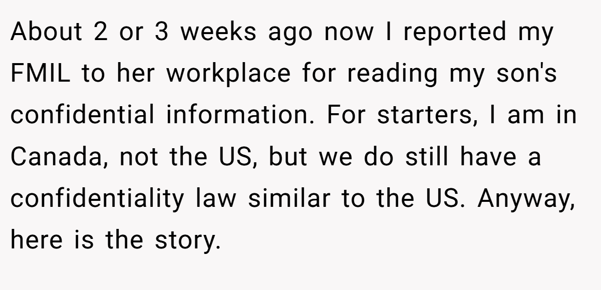 About 2 or 3 weeks ago now I reported my FMIL to her workplace for reading my son's confidential information. For starters, I am in Canada, not the US, but we do still have a confidentiality law similar to the US. Anyway, here is the story.