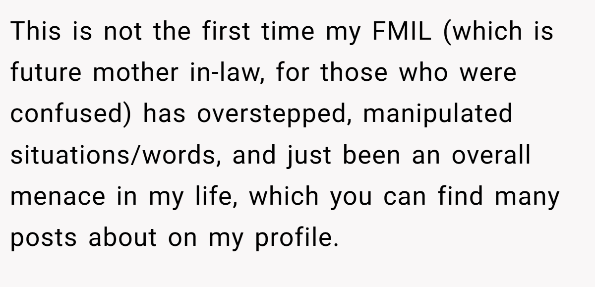 This is not the first time my FMIL (which is future mother in-law, for those who were confused) has overstepped, manipulated situations/words, and just been an overall menace in my life, which you can find many posts about on my profile.