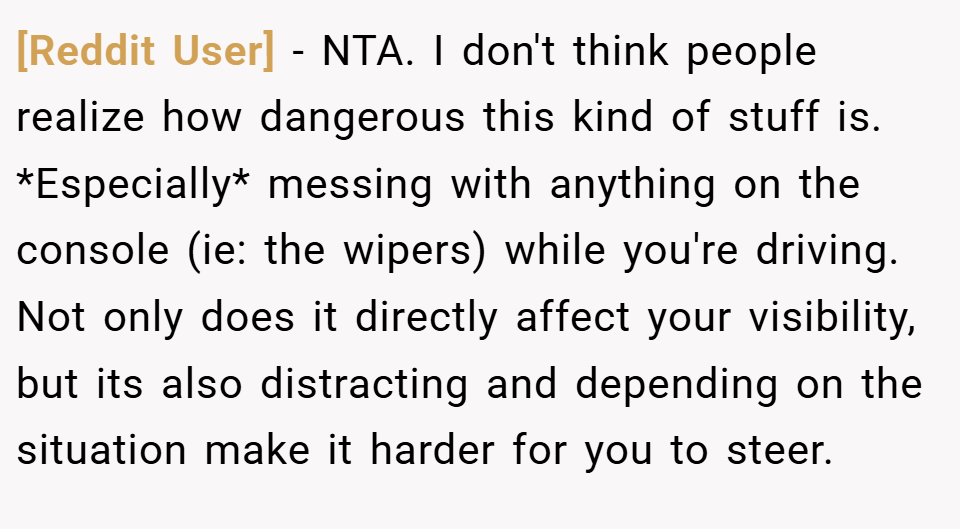 [Reddit User] − NTA. I don't think people realize how dangerous this kind of stuff is. *Especially* messing with anything on the console (ie: the wipers) while you're driving. Not only does it directly affect your visibility, but its also distracting and depending on the situation make it harder for you to steer.