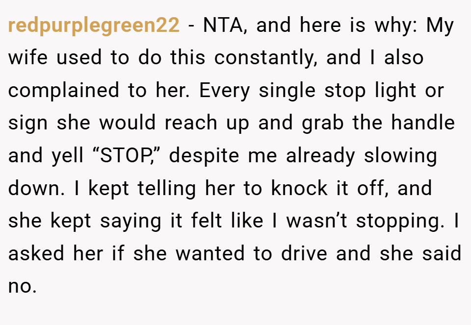 redpurplegreen22 − NTA, and here is why: My wife used to do this constantly, and I also complained to her. Every single stop light or sign she would reach up and grab the handle and yell “STOP,” despite me already slowing down. I kept telling her to knock it off, and she kept saying it felt like I wasn’t stopping. I asked her if she wanted to drive and she said no.