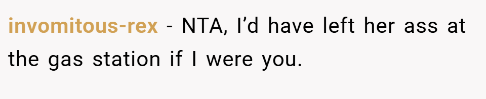 invomitous-rex − NTA, I’d have left her ass at the gas station if I were you.