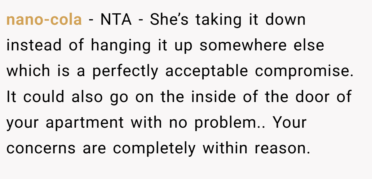 nano-cola − NTA - She’s taking it down instead of hanging it up somewhere else which is a perfectly acceptable compromise. It could also go on the inside of the door of your apartment with no problem.. Your concerns are completely within reason.