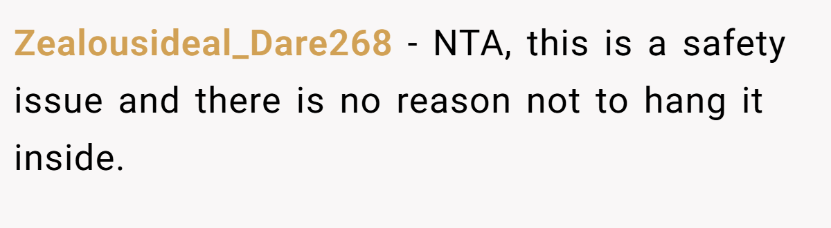 Zealousideal_Dare268 − NTA, this is a safety issue and there is no reason not to hang it inside.