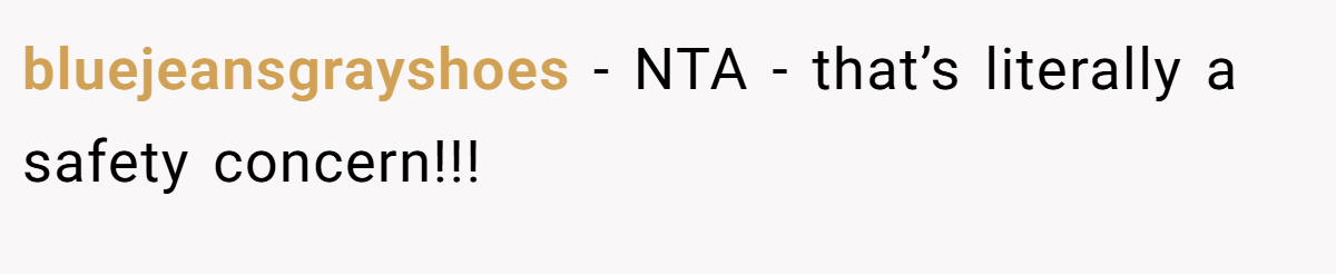 bluejeansgrayshoes − NTA - that’s literally a safety concern!!!