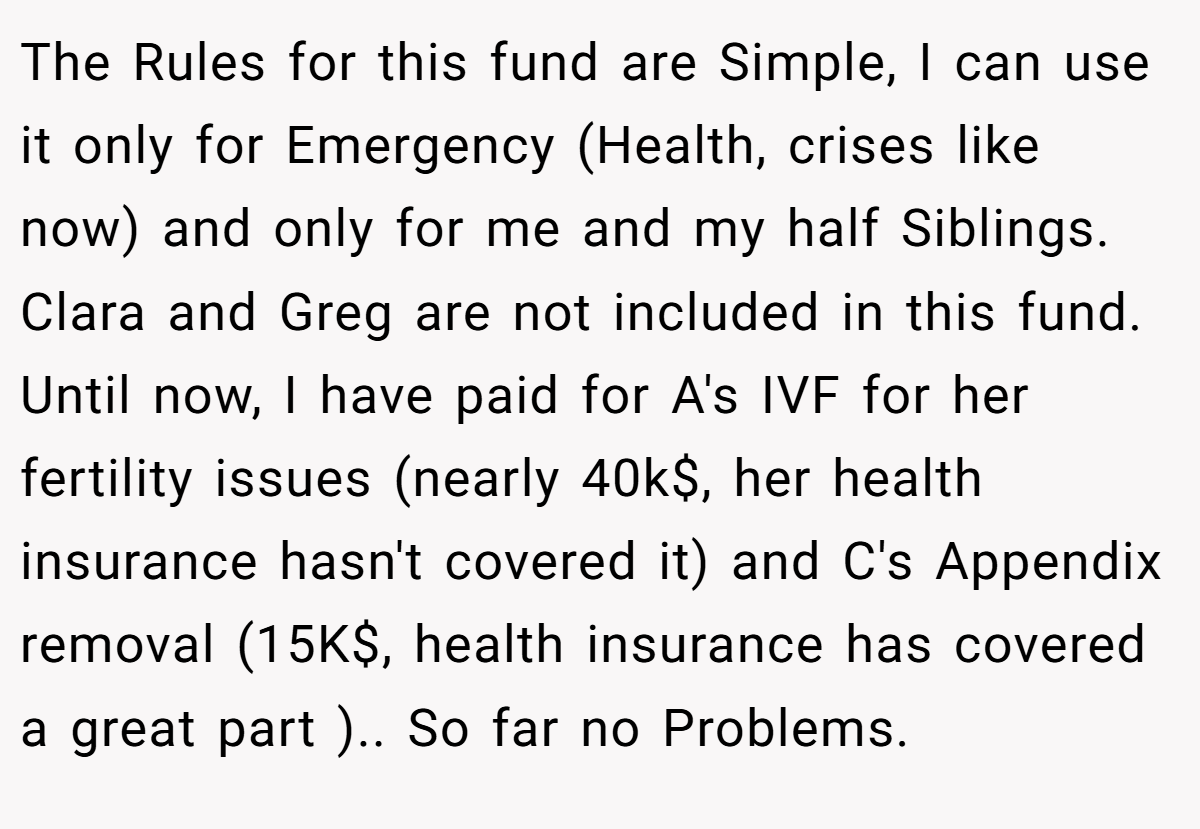 The Rules for this fund are Simple, I can use it only for Emergency (Health, crises like now) and only for me and my half Siblings. Clara and Greg are not included in this fund. Until now, I have paid for A's IVF for her fertility issues (nearly 40k$, her health insurance hasn't covered it) and C's Appendix removal (15K$, health insurance has covered a great part ).. So far no Problems.