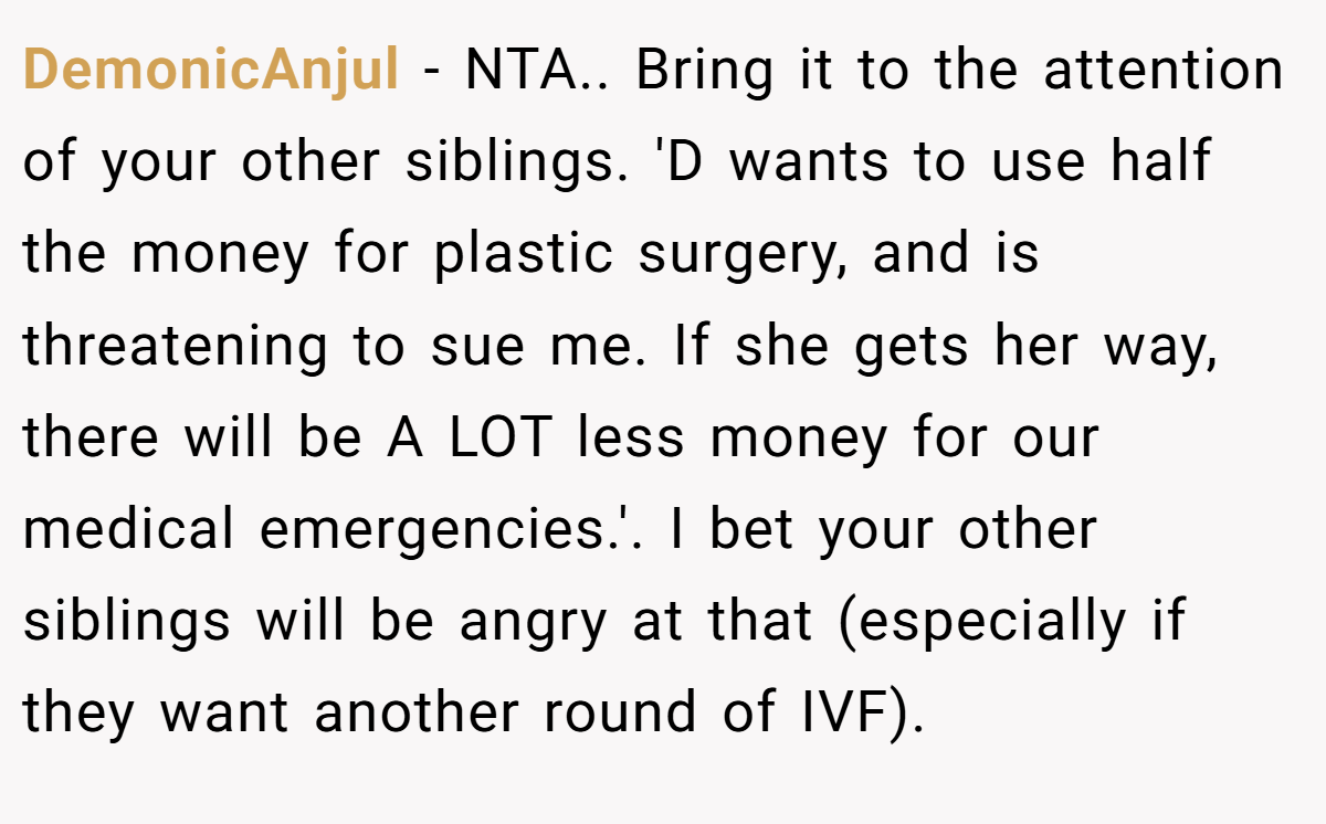 DemonicAnjul - NTA.. Bring it to the attention of your other siblings. 'D wants to use half the money for plastic surgery, and is threatening to sue me. If she gets her way, there will be A LOT less money for our medical emergencies.'. I bet your other siblings will be angry at that (especially if they want another round of IVF).