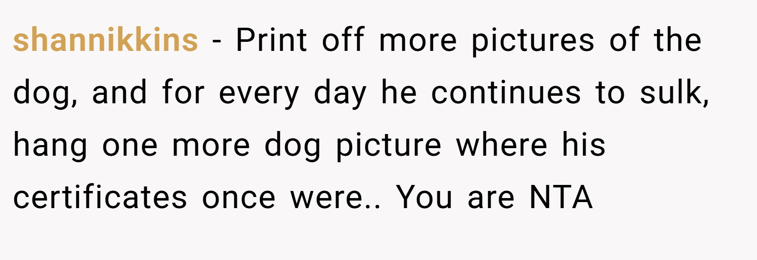 shannikkins − Print off more pictures of the dog, and for every day he continues to sulk, hang one more dog picture where his certificates once were.. You are NTA