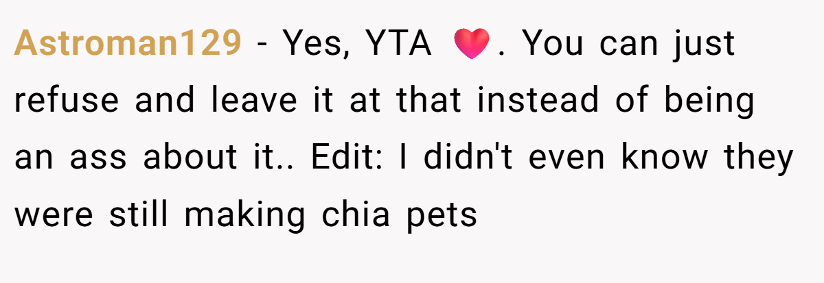 Astroman129 - Yes, YTA ❤️. You can just refuse and leave it at that instead of being an ass about it.. Edit: I didn't even know they were still making chia pets