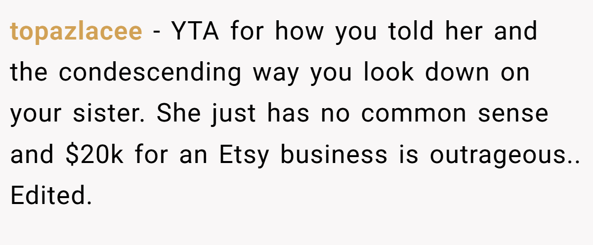 topazlacee - YTA for how you told her and the condescending way you look down on your sister. She just has no common sense and $20k for an Etsy business is outrageous.. Edited.