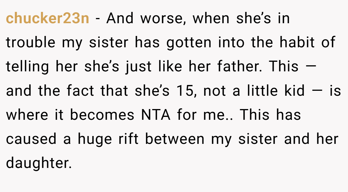 chucker23n − And worse, when she’s in trouble my sister has gotten into the habit of telling her she’s just like her father. This — and the fact that she’s 15, not a little kid — is where it becomes NTA for me.. This has caused a huge rift between my sister and her daughter.