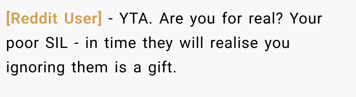[Reddit User] − YTA. Are you for real? Your poor SIL - in time they will realise you ignoring them is a gift.