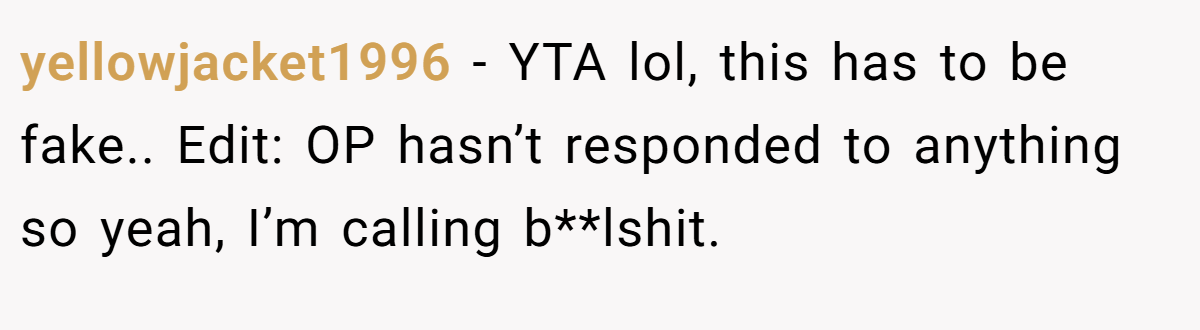 yellowjacket1996 − YTA lol, this has to be fake.. Edit: OP hasn’t responded to anything so yeah, I’m calling b**lshit.