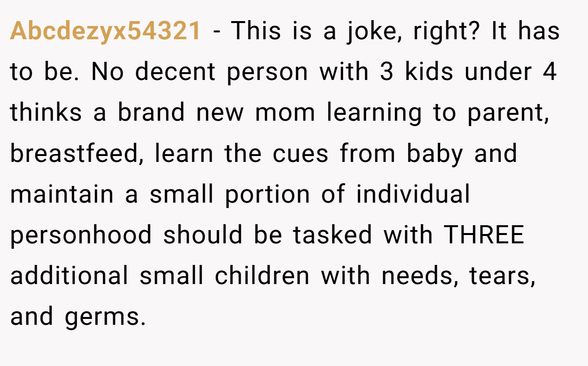 Abcdezyx54321 − This is a joke, right? It has to be. No decent person with 3 kids under 4 thinks a brand new mom learning to parent, breastfeed, learn the cues from baby and maintain a small portion of individual personhood should be tasked with THREE additional small children with needs, tears, and germs.